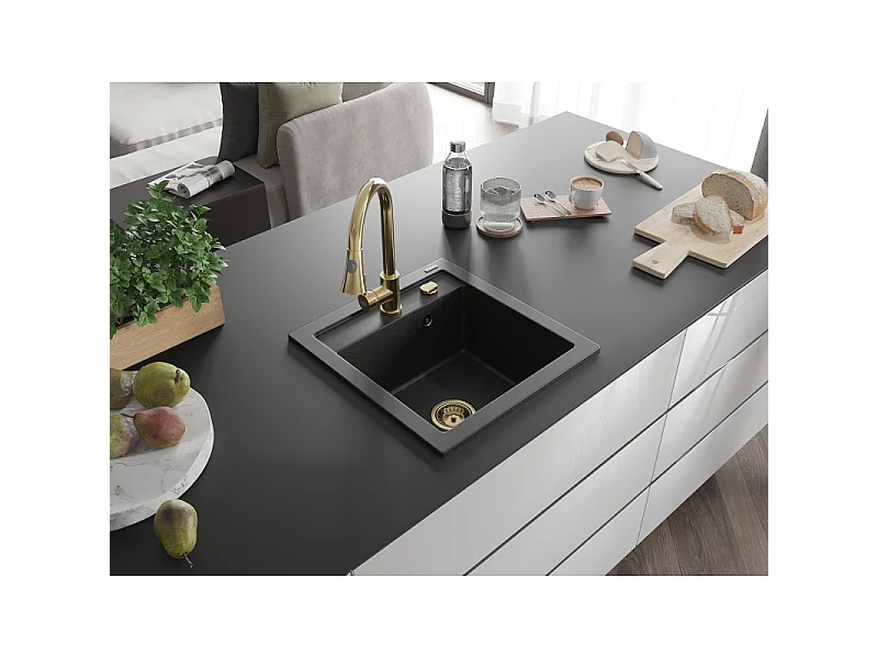 Mexen Vito 1-bowl granite kitchen sink with Elia kitchen tap, black/silver metallic - 6503-73-670101-50