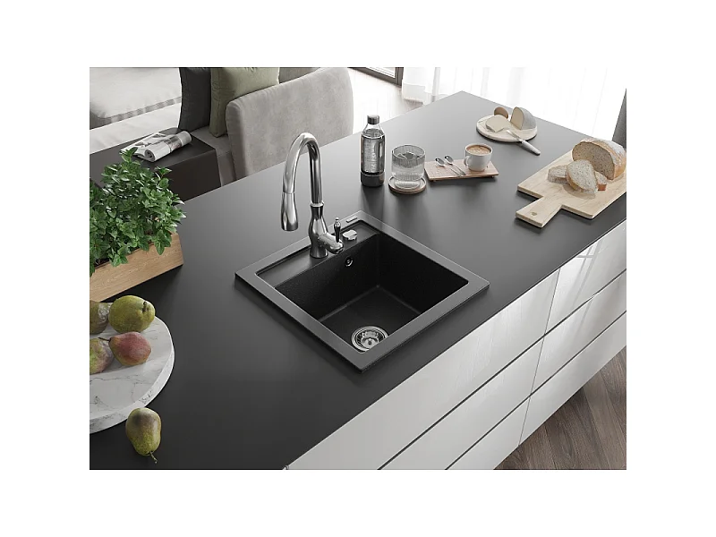 Mexen Vito granite sink 1-bowl with Savita kitchen tap, black/silver metallic - 6503-73-672601-00