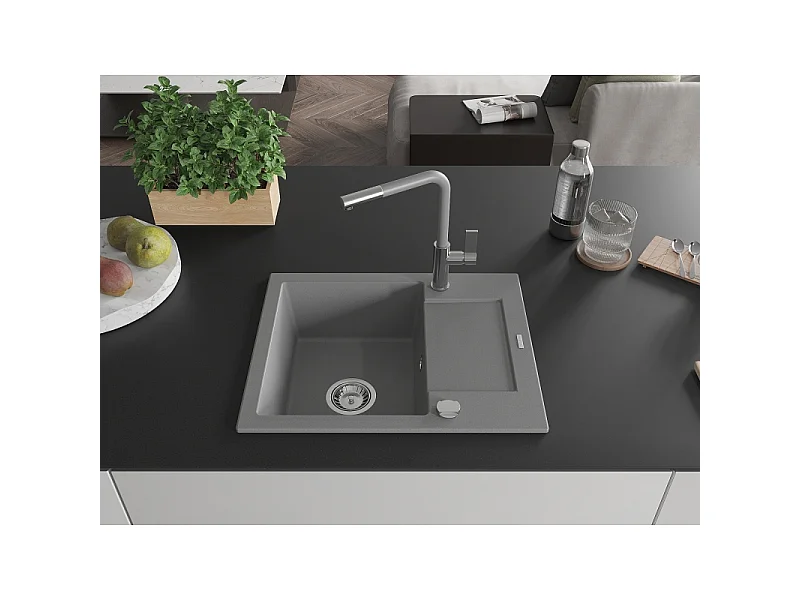 Mexen Enzo granite sink 1-bowl with drainer and Flora kitchen tap, grey - 6506-71-670401-06