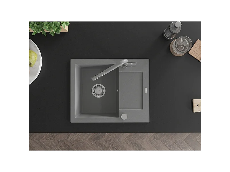 Mexen Enzo granite sink 1-bowl with drainer and Flora kitchen tap, grey - 6506-71-670401-06