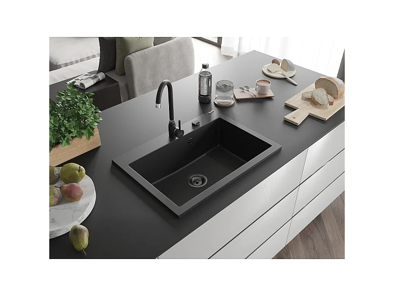 Mexen Elix lava-louça de granito 1-cuba 700 x 500 mm, preto, sifão preto - 6526701005-77-B