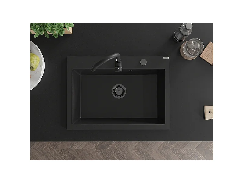 Mexen Elix lava-louça de granito 1-cuba 700 x 500 mm, preto, sifão preto - 6526701005-77-B