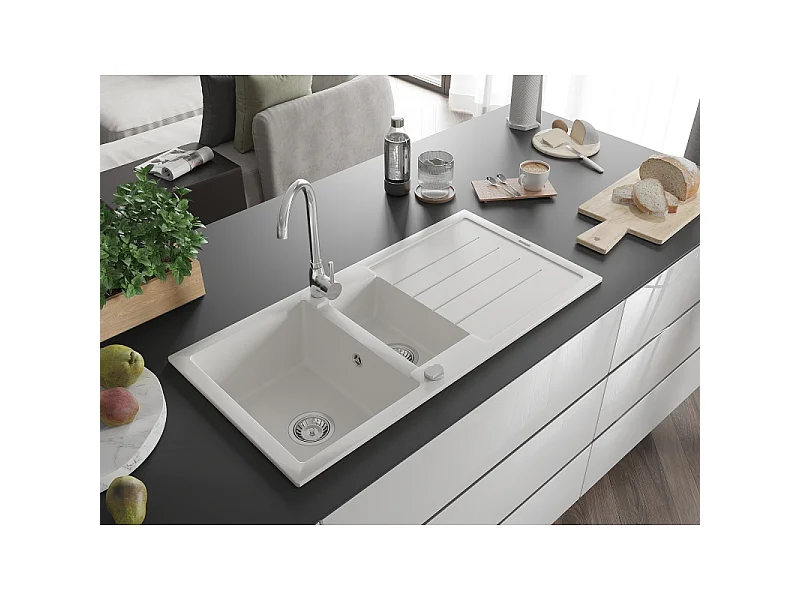 Mexen Andres granieten gootsteen 1,5-komoren met afdruiprek 1000 x 500 mm, wit, chroom sifon - 6515101510-20