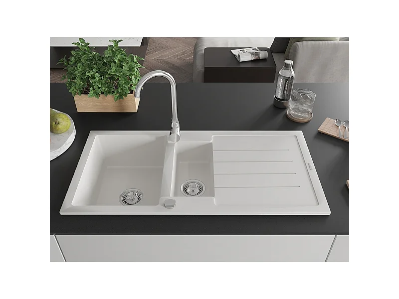 Mexen Andres granieten gootsteen 1,5-komoren met afdruiprek 1000 x 500 mm, wit, chroom sifon - 6515101510-20