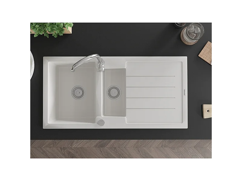 Mexen Andres granieten gootsteen 1,5-komoren met afdruiprek 1000 x 500 mm, wit, chroom sifon - 6515101510-20