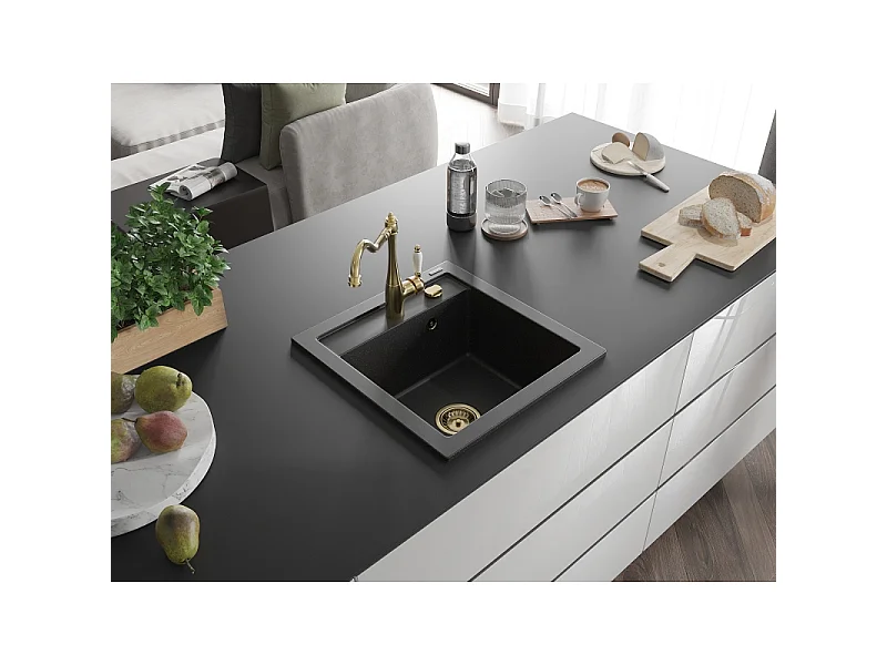 Mexen Vito granite sink 1-bowl with Carla kitchen tap, black/silver metallic - 6503-73-670700-50