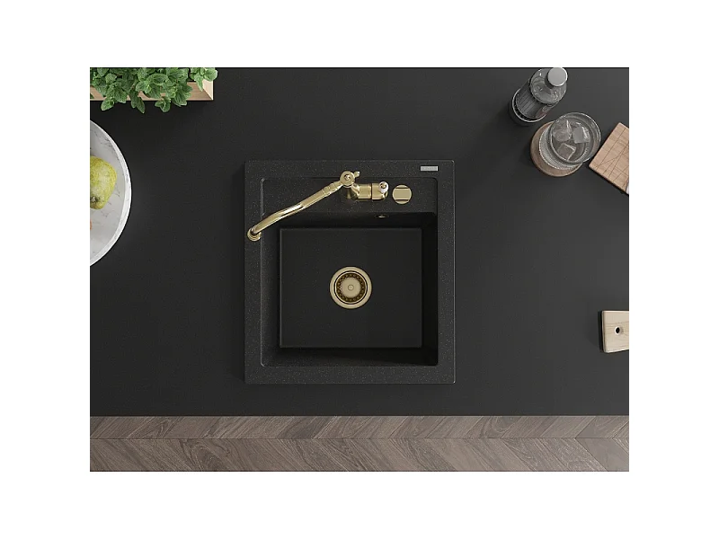 Mexen Vito granite sink 1-bowl with Carla kitchen tap, black/silver metallic - 6503-73-670700-50