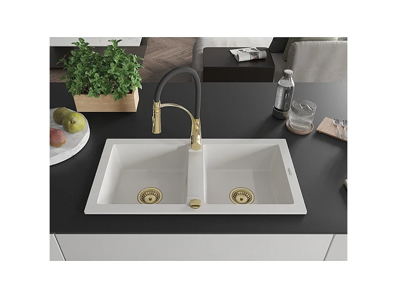 Mexen Mario lavello in granito a 2 vasche con rubinetto da cucina Aster, bianco - 6504-20-73450-57-G
