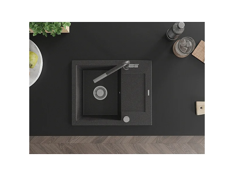 Mexen Enzo granite sink 1-bowl with drainer and Flora kitchen tap, speckled black - 6506-76-670401-08