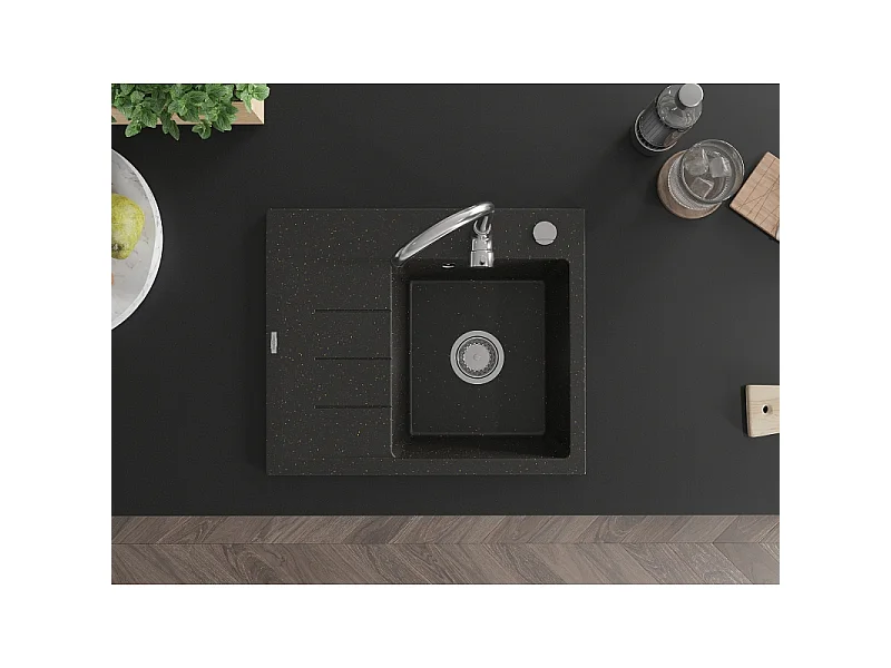 Mexen Ben évier en granit 1 bac avec égouttoir, droit 600 x 500 mm, noir/doré métallisé, siphon chromé - 6523605000-75