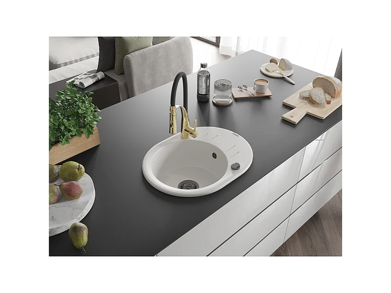 Mexen Kevin fregadero de granito de 1 seno con escurridor y grifo de cocina Aster, blanco - 6517-20-73450-57-B