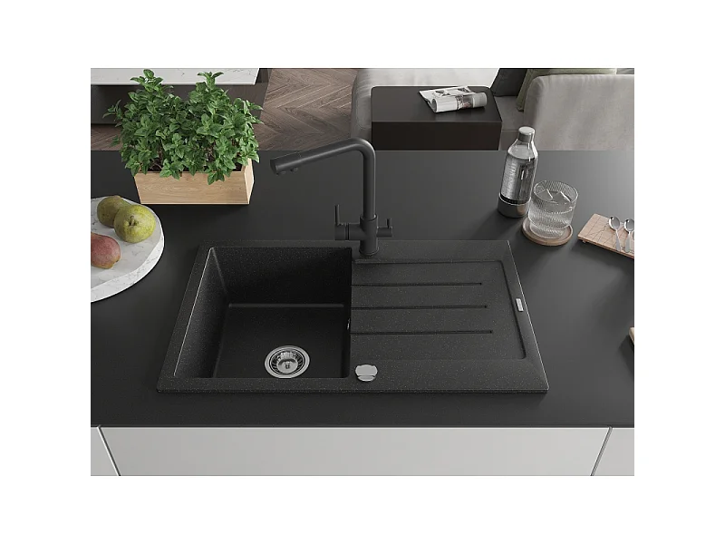 Mexen Bruno fregadero de granito de 1 cubeta con escurridor y grifo de cocina Duero, negro/plateado metalizado