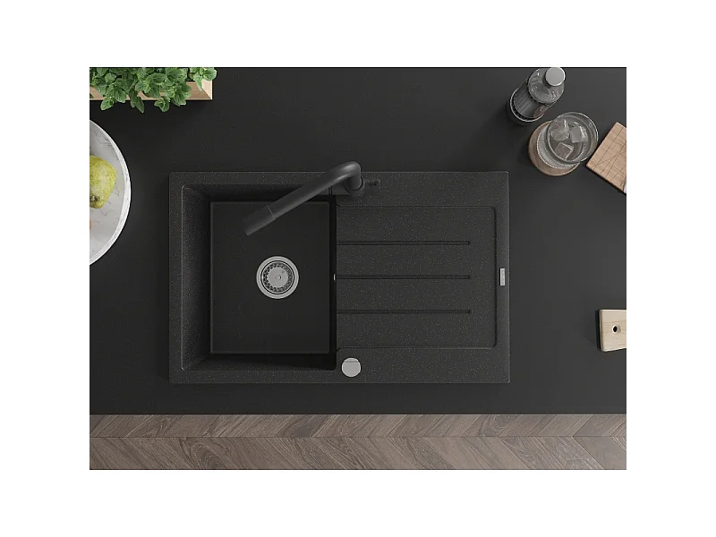 Mexen Bruno fregadero de granito de 1 cubeta con escurridor y grifo de cocina Duero, negro/plateado metalizado