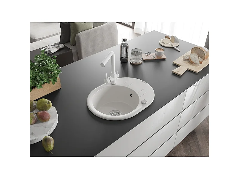 Mexen Kevin granit gootsteen 1-kamer met afdruiprek en keukenkraan Duero, wit - 6517-20-671600-20