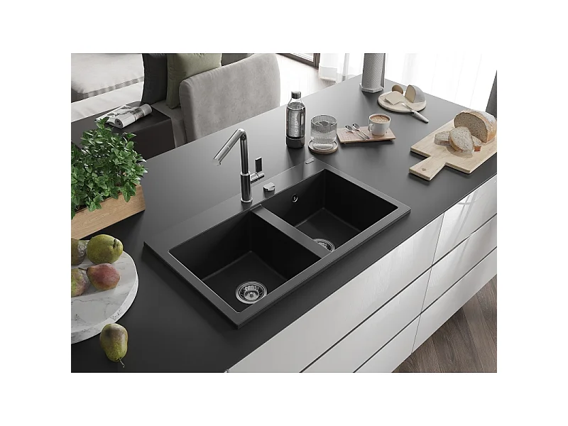 Mexen Hektor granieten spoelbak met 2 spoelbakken 800 x 480 mm, zwart, sifon chroom - 6521802000-77
