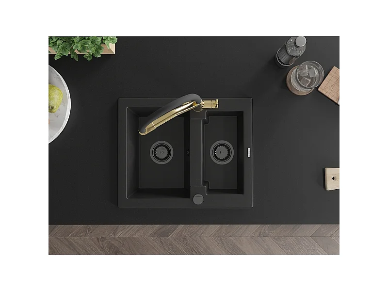 Mexen Carlos 1.5-Bowl Granite Sink with Duo Kitchen Tap, Black - 6518-77-671701-57-B