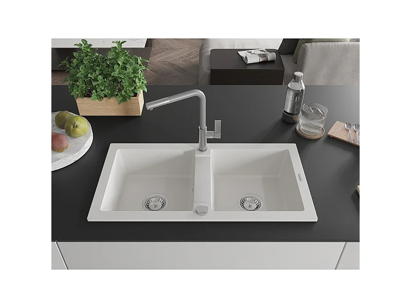Mexen Mario granite sink with 2 bowls and Flora kitchen tap, white - 6504-20-670401-06