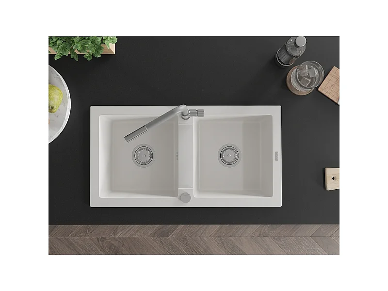 Mexen Mario granite sink with 2 bowls and Flora kitchen tap, white - 6504-20-670401-06