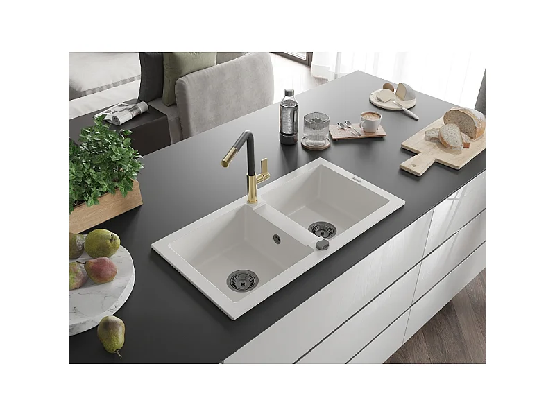 Mexen Mario lavello in granito a 2 vasche con miscelatore cucina Flora, bianco - 6504-20-670401-57-B