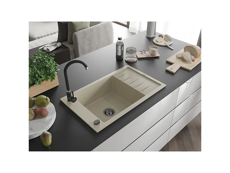 Mexen Elias lava-louça de granito de 1-cuba com escorredor 795 x 480 mm, bege, sifão preto - 6511791005-69-B