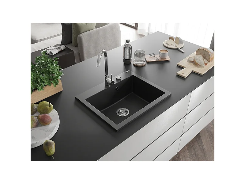 Mexen Elix lava-louça de granito de 1 câmara 600 x 500 mm, preto, sifão cromado - 6525601005-77