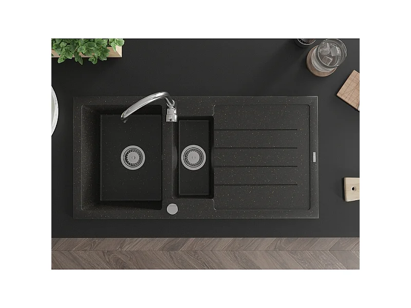 Mexen Andres évier en granit à 1,5 bac avec égouttoir 1000 x 500 mm, noir/doré métallique, siphon chromé - 6515101510-75