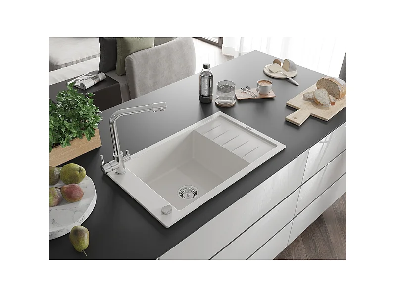 Mexen Elias fregadero de granito de 1 compartimento con escurridor y grifo de cocina Duero, blanco - 6511-20-671600-00
