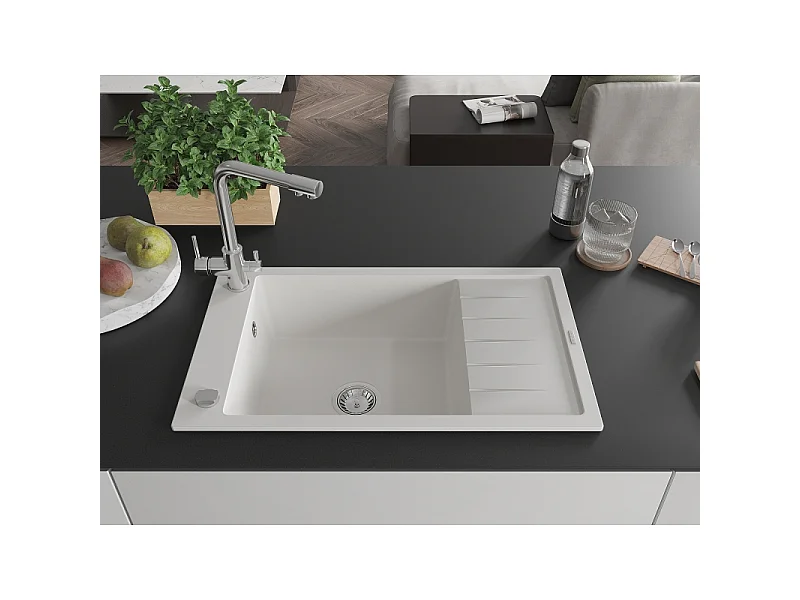 Mexen Elias fregadero de granito de 1 compartimento con escurridor y grifo de cocina Duero, blanco - 6511-20-671600-00