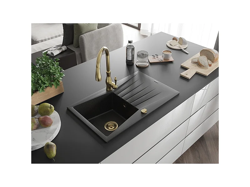Mexen Cesar fregadero de granito de 1 cubeta con escurridor y grifo de cocina Savita, negro/metálico plateado
