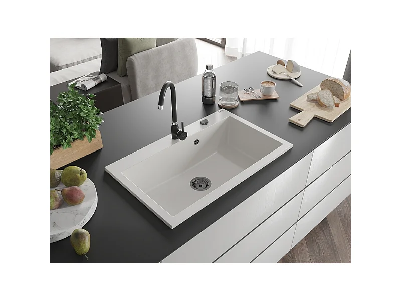 Mexen Elix lava-loiça de granito de 1 câmara 800 x 500 mm, branco, sifão preto - 6527801005-20-B