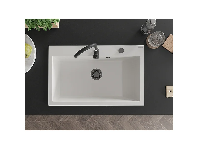 Mexen Elix lava-loiça de granito de 1 câmara 800 x 500 mm, branco, sifão preto - 6527801005-20-B