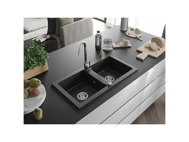 Mexen Mario évier en granit 2 bacs 820 x 436 mm, noir/or métallisé, siphon chromé - 6504822000-75