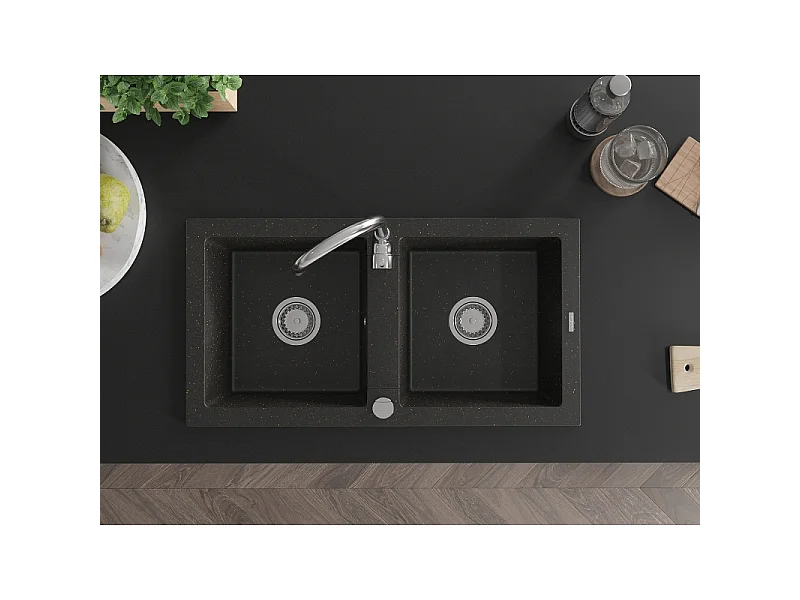 Mexen Mario évier en granit 2 bacs 820 x 436 mm, noir/or métallisé, siphon chromé - 6504822000-75
