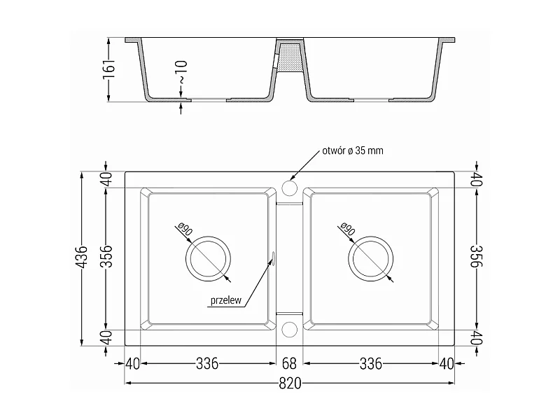 Mexen Mario évier en granit 2 bacs 820 x 436 mm, noir/or métallisé, siphon chromé - 6504822000-75