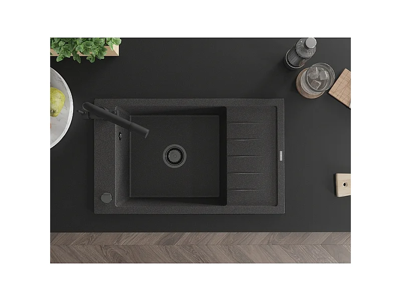 Mexen Elias fregadero de granito de 1 seno con escurridor y grifo de cocina Duero, negro moteado - 6511-76-671600-70-B