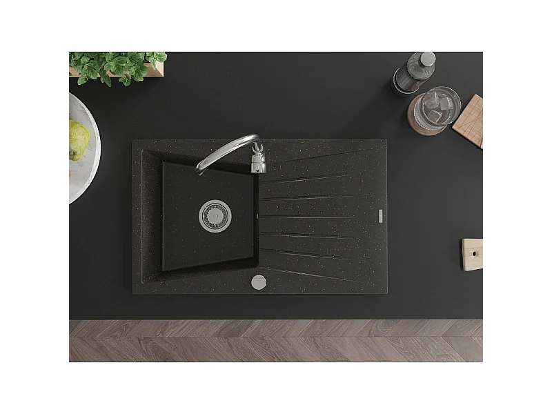 Mexen Cesar évier en granit 1 bac avec égouttoir 775 x 470 mm, noir/métallique doré, siphon chromé - 6514771010-75