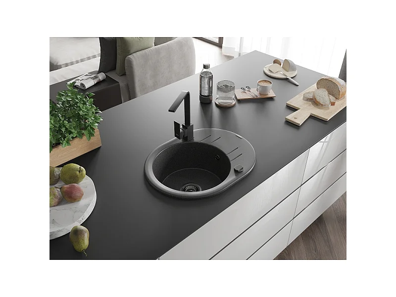 Mexen Kevin granite sink 1-bowl with drainer and Rita kitchen tap, black speckled - 6517-76-670300-70-B