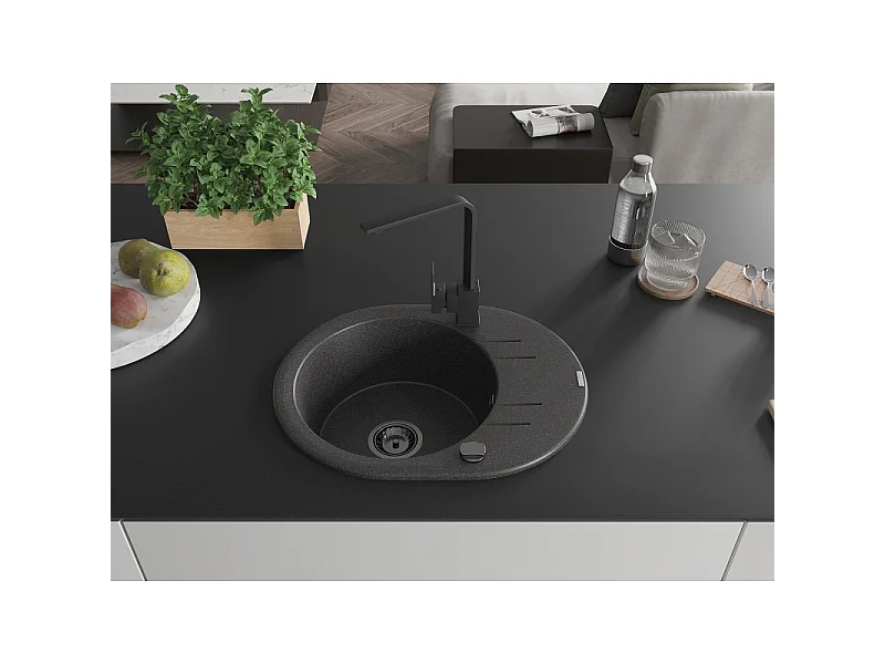 Mexen Kevin granite sink 1-bowl with drainer and Rita kitchen tap, black speckled - 6517-76-670300-70-B