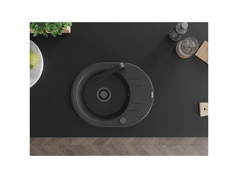 Mexen Kevin granite sink 1-bowl with drainer and Rita kitchen tap, black speckled - 6517-76-670300-70-B
