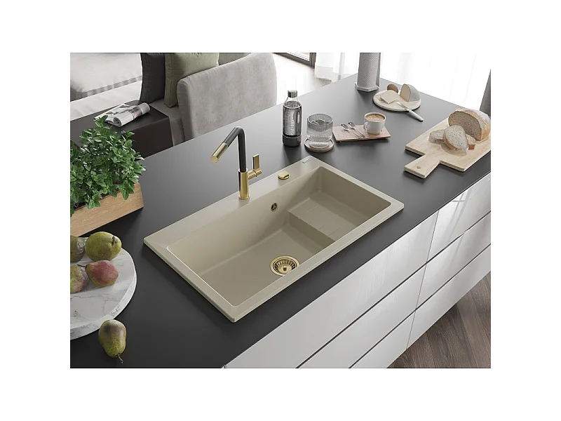 Mexen Omar lava-loiça de granito de 1 cuba 800 x 480 mm, bege, sifão dourado - 6520801005-69-G