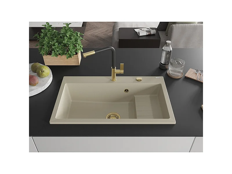 Mexen Omar lava-loiça de granito de 1 cuba 800 x 480 mm, bege, sifão dourado - 6520801005-69-G