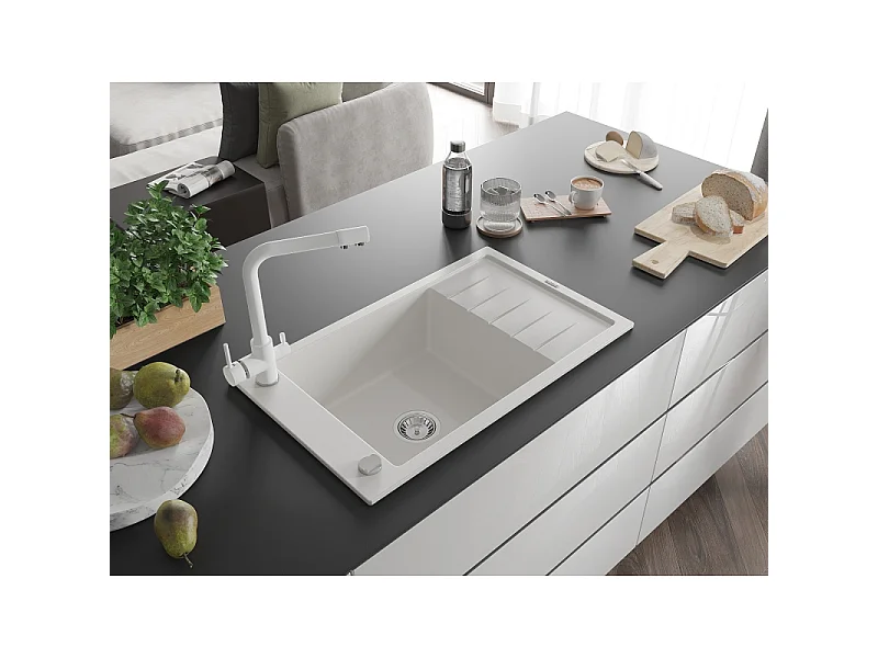 Mexen Elias fregadero de granito de 1 seno con escurridor y grifo de cocina Duero, blanco - 6511-20-671600-20
