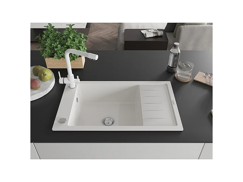 Mexen Elias fregadero de granito de 1 seno con escurridor y grifo de cocina Duero, blanco - 6511-20-671600-20