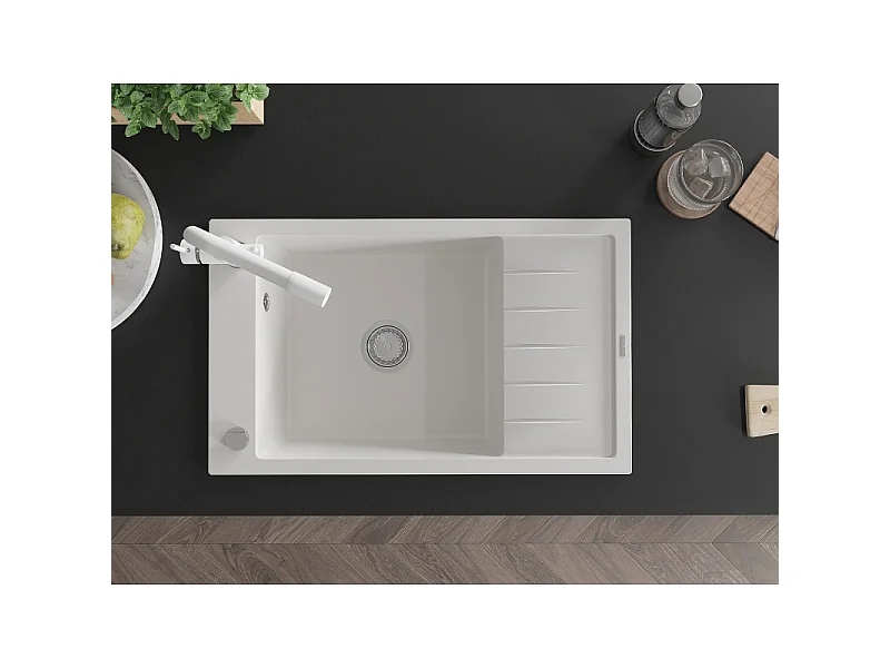 Mexen Elias fregadero de granito de 1 seno con escurridor y grifo de cocina Duero, blanco - 6511-20-671600-20