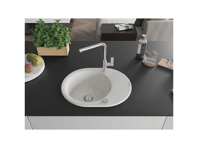 Mexen Kevin 1-bowl granite sink with drainer and Flora kitchen tap, white - 6517-20-670401-00