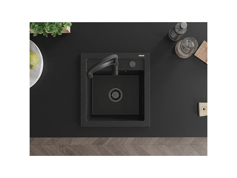 Mexen Vito fregadero de granito de 1 cubeta con grifo de cocina Aster, negro/metalizado plateado - 6503-73-73450-70-B
