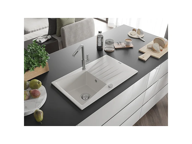 Mexen Cesar granite sink 1-bowl with drainer and Flora kitchen tap, white - 6514-20-670401-06