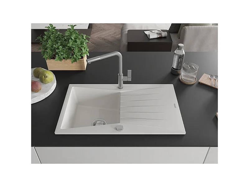 Mexen Cesar granite sink 1-bowl with drainer and Flora kitchen tap, white - 6514-20-670401-06