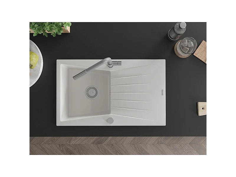 Mexen Cesar granite sink 1-bowl with drainer and Flora kitchen tap, white - 6514-20-670401-06
