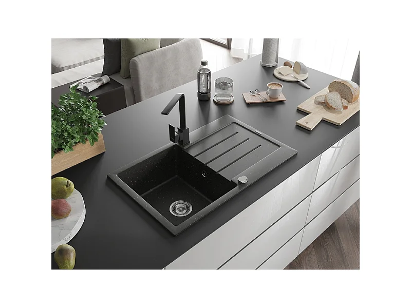 Mexen Bruno fregadero de granito de 1 cubeta con escurridor y grifo de cocina Rita, negro/metalizado plateado